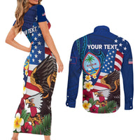 Personalised United States And Guam Couples Matching Short Sleeve Bodycon Dress and Long Sleeve Button Shirt USA Eagle With Guahan Seal Tropical Vibes