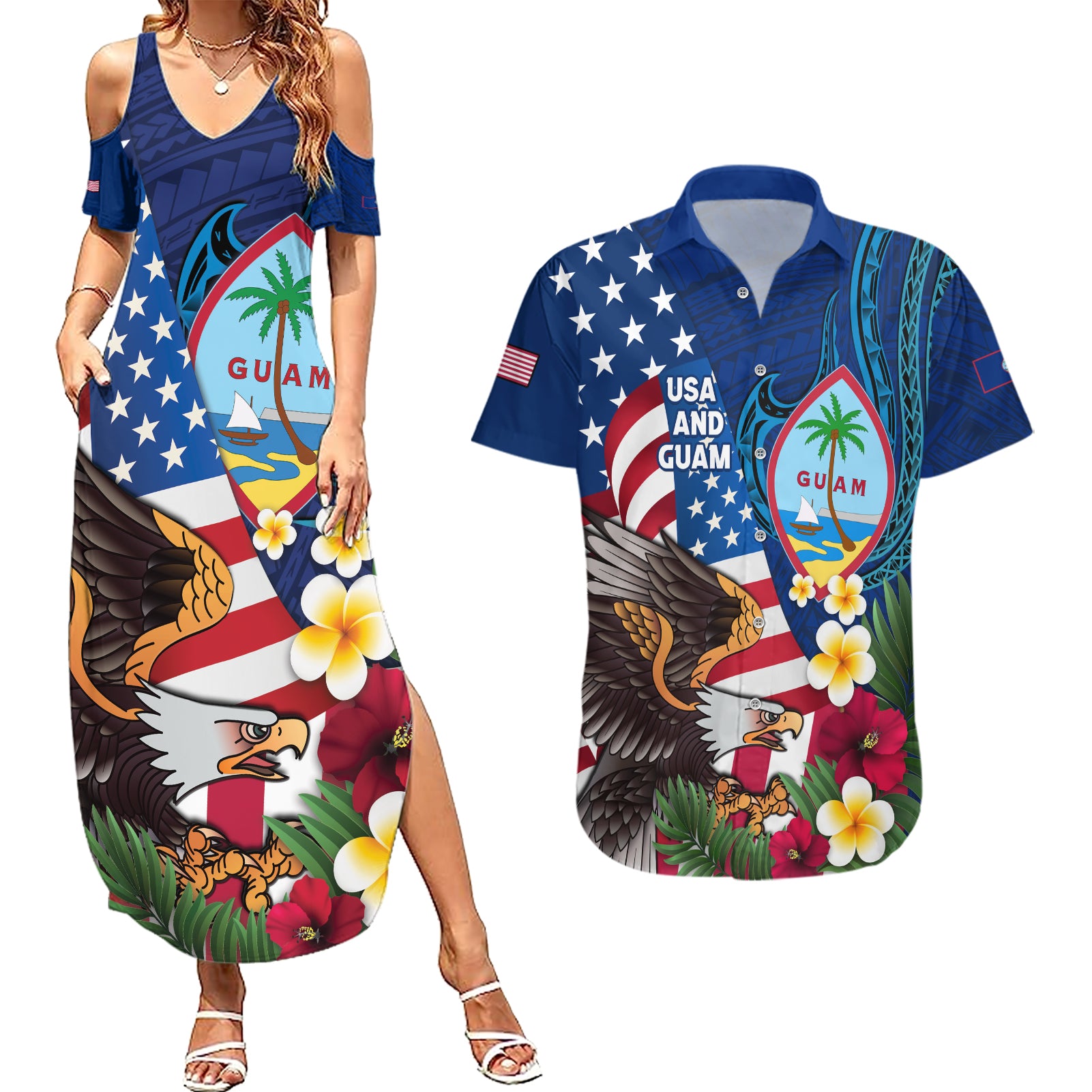 Personalised United States And Guam Couples Matching Summer Maxi Dress and Hawaiian Shirt USA Eagle With Guahan Seal Tropical Vibes