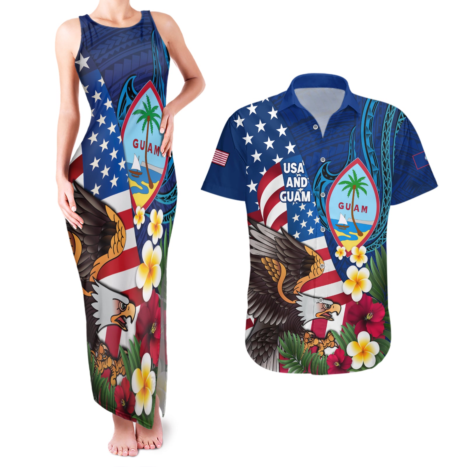 Personalised United States And Guam Couples Matching Tank Maxi Dress and Hawaiian Shirt USA Eagle With Guahan Seal Tropical Vibes