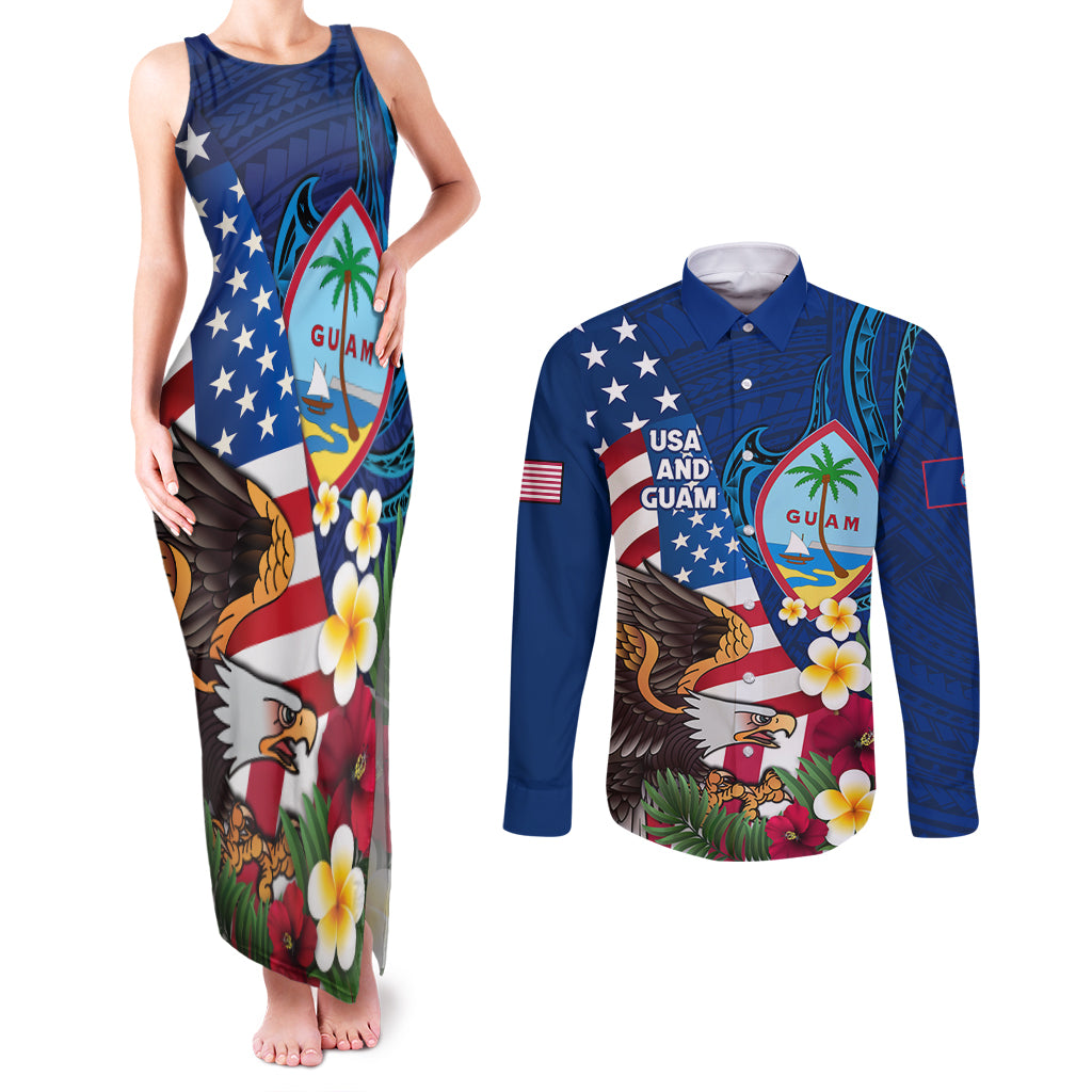 Personalised United States And Guam Couples Matching Tank Maxi Dress and Long Sleeve Button Shirt USA Eagle With Guahan Seal Tropical Vibes