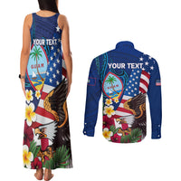 Personalised United States And Guam Couples Matching Tank Maxi Dress and Long Sleeve Button Shirt USA Eagle With Guahan Seal Tropical Vibes
