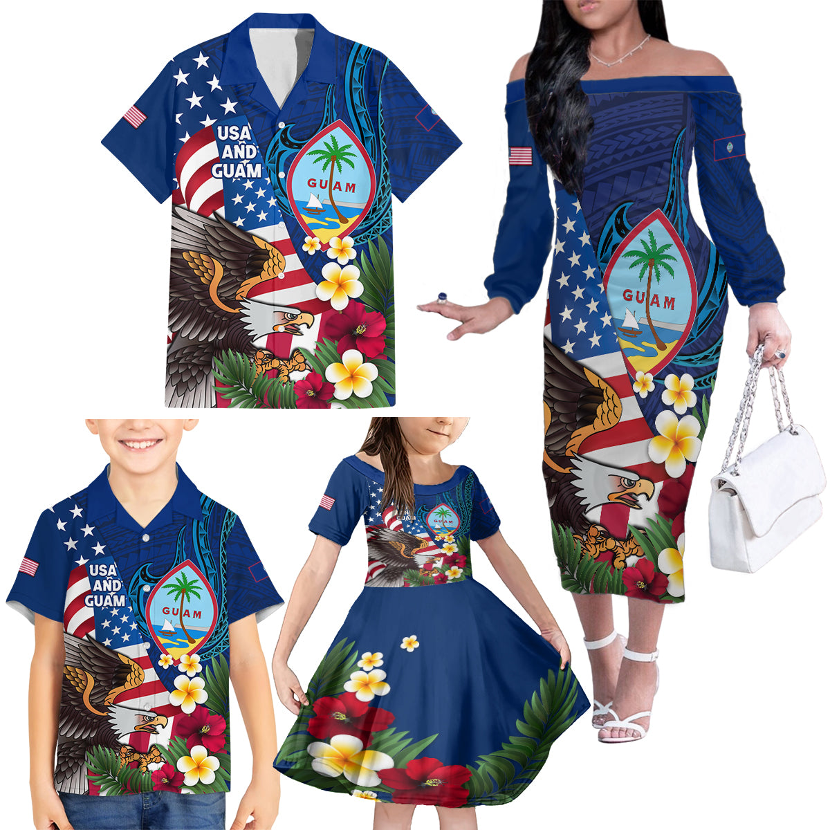 Personalised United States And Guam Family Matching Off The Shoulder Long Sleeve Dress and Hawaiian Shirt USA Eagle With Guahan Seal Tropical Vibes