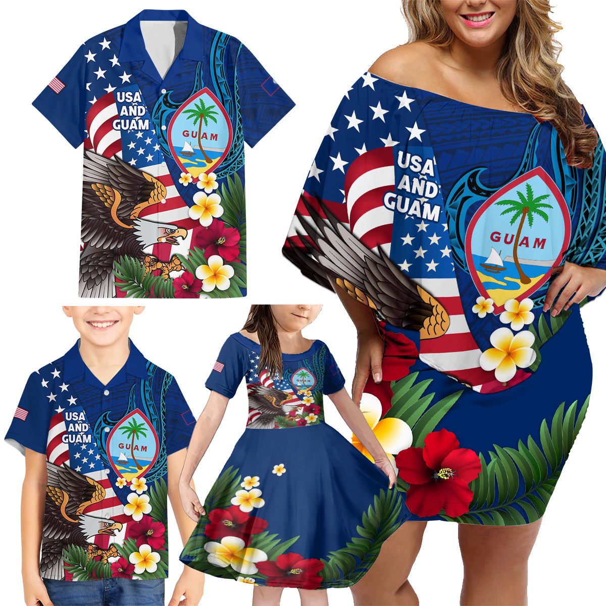 Personalised United States And Guam Family Matching Off Shoulder Short Dress and Hawaiian Shirt USA Eagle With Guahan Seal Tropical Vibes