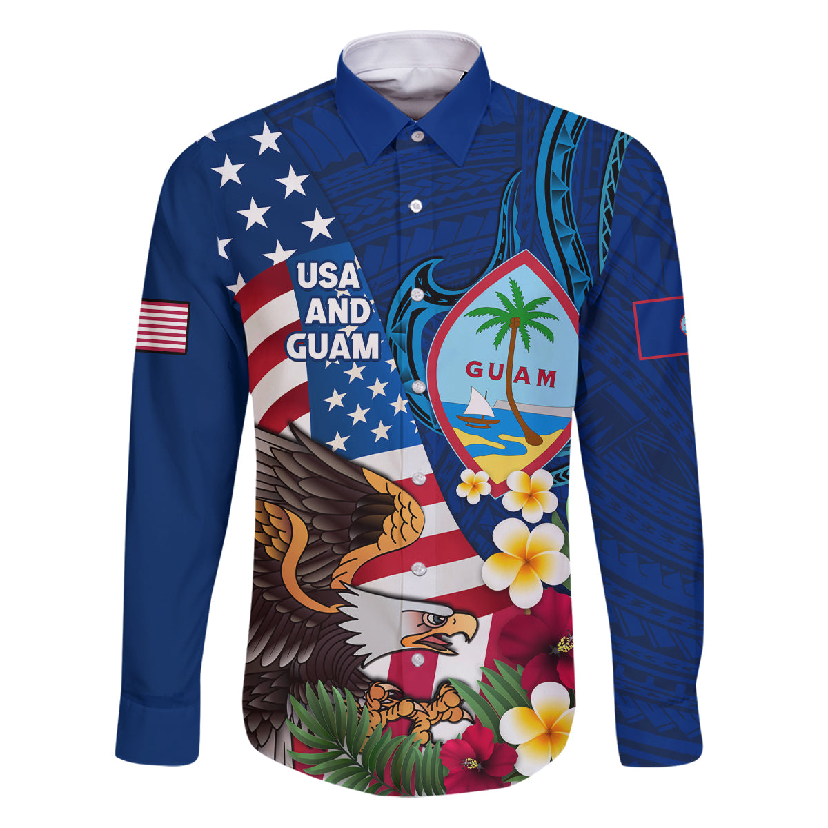 Personalised United States And Guam Family Matching Puletasi and Hawaiian Shirt USA Eagle With Guahan Seal Tropical Vibes