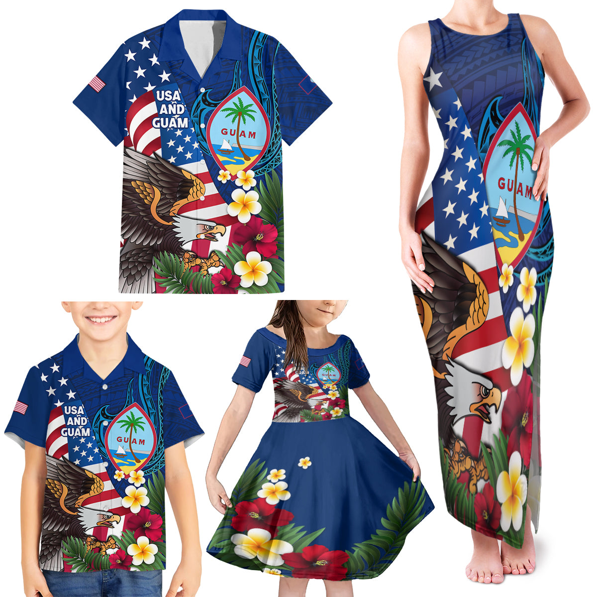 Personalised United States And Guam Family Matching Tank Maxi Dress and Hawaiian Shirt USA Eagle With Guahan Seal Tropical Vibes