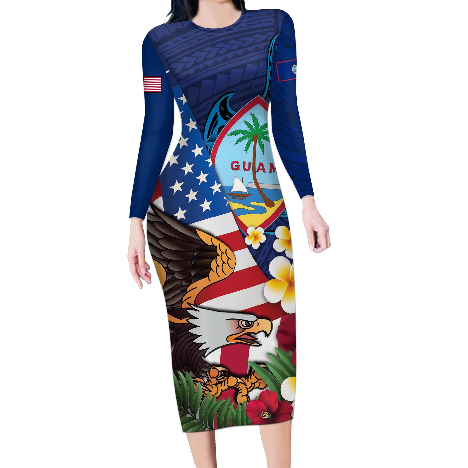 Personalised United States And Guam Long Sleeve Bodycon Dress USA Eagle With Guahan Seal Tropical Vibes