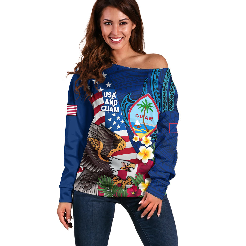 Personalised United States And Guam Off Shoulder Sweater USA Eagle With Guahan Seal Tropical Vibes