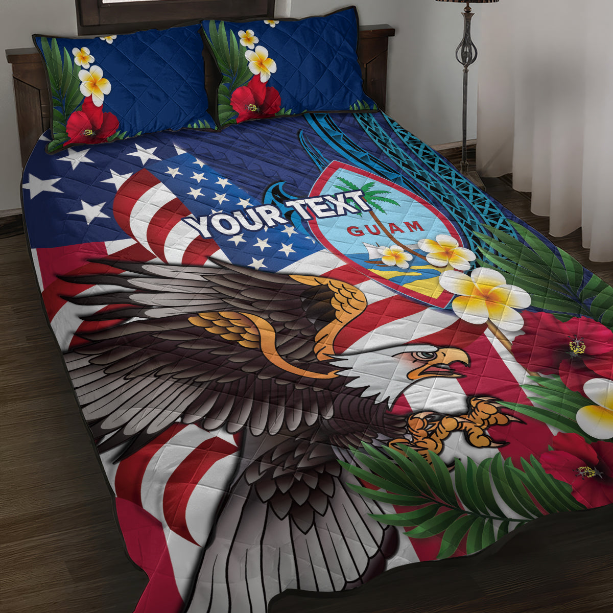 Personalised United States And Guam Quilt Bed Set USA Eagle With Guahan Seal Tropical Vibes