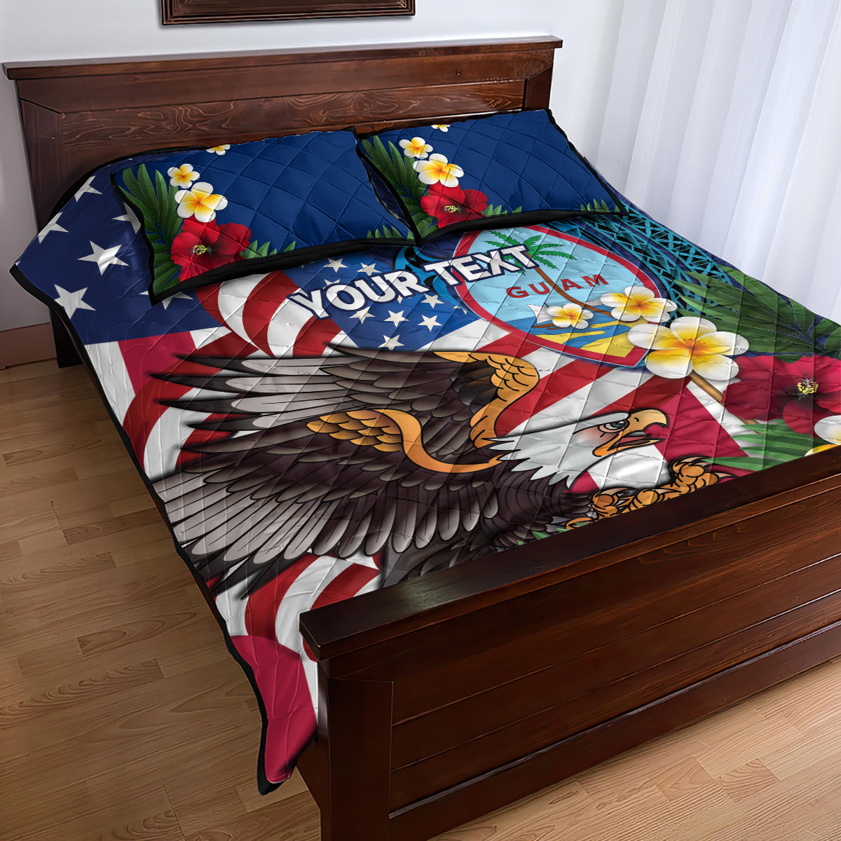 Personalised United States And Guam Quilt Bed Set USA Eagle With Guahan Seal Tropical Vibes