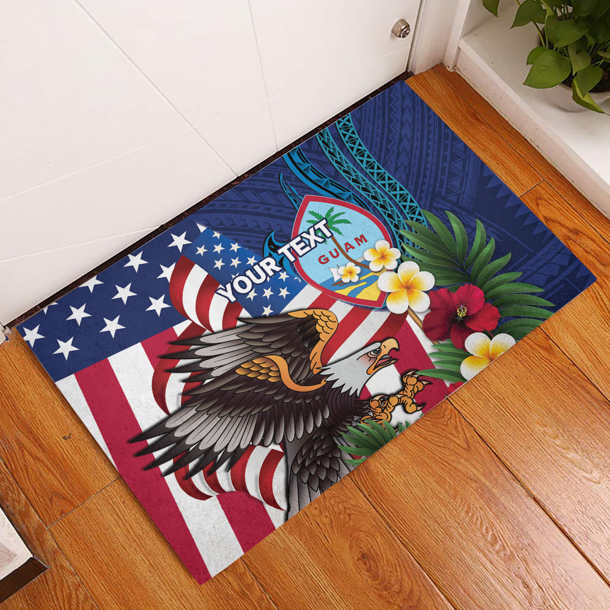 Personalised United States And Guam Rubber Doormat USA Eagle With Guahan Seal Tropical Vibes