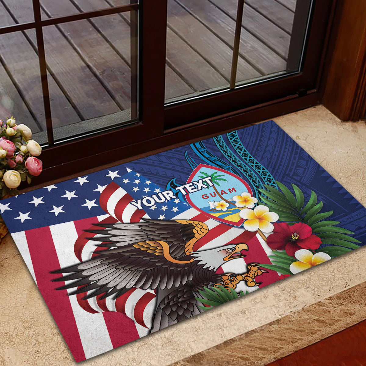 Personalised United States And Guam Rubber Doormat USA Eagle With Guahan Seal Tropical Vibes