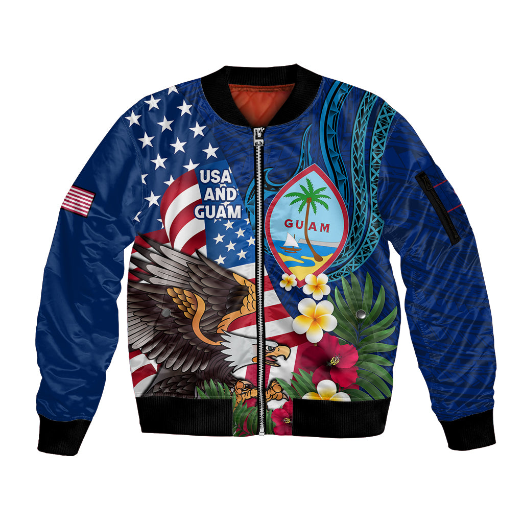 Personalised United States And Guam Sleeve Zip Bomber Jacket USA Eagle With Guahan Seal Tropical Vibes