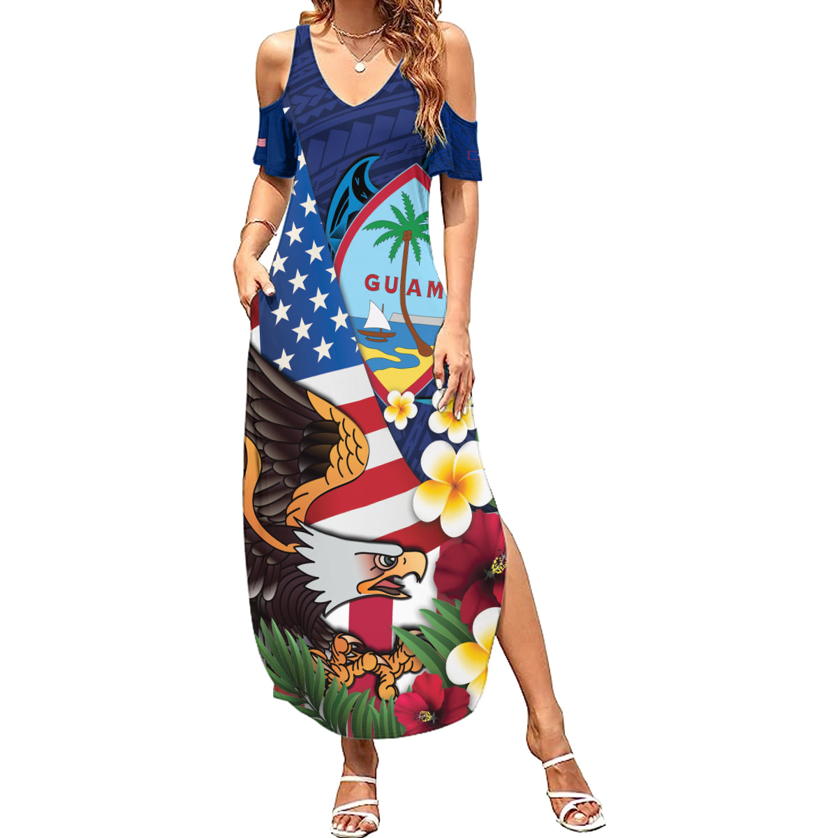 Personalised United States And Guam Summer Maxi Dress USA Eagle With Guahan Seal Tropical Vibes