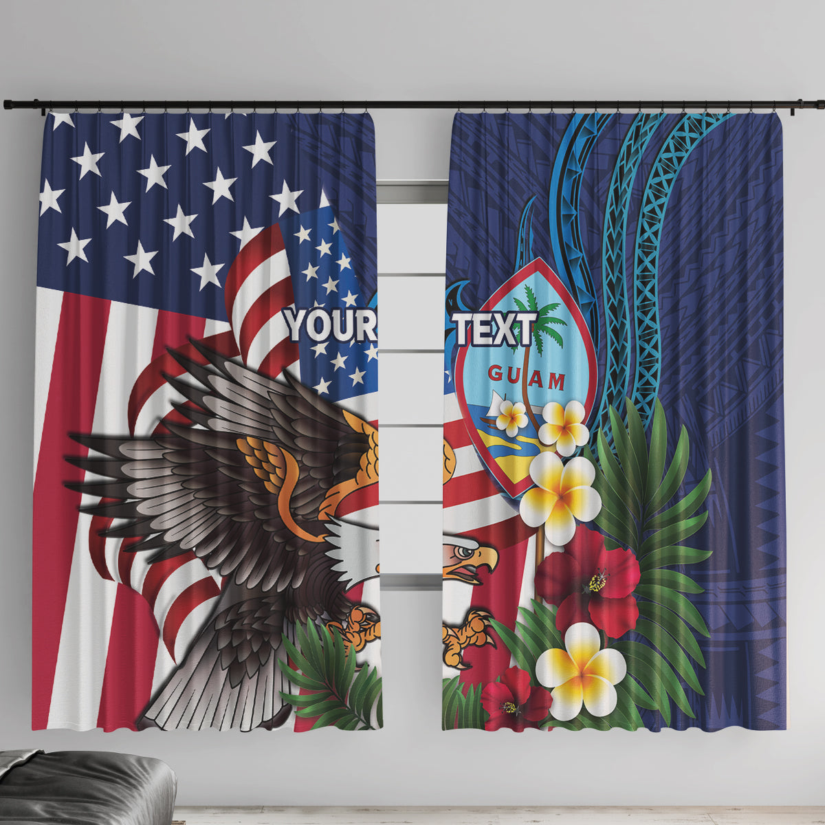 Personalised United States And Guam Window Curtain USA Eagle With Guahan Seal Tropical Vibes