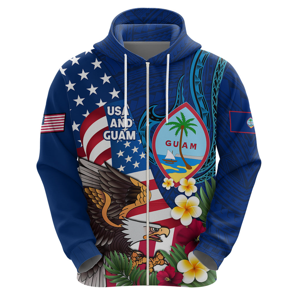 Personalised United States And Guam Zip Hoodie USA Eagle With Guahan Seal Tropical Vibes