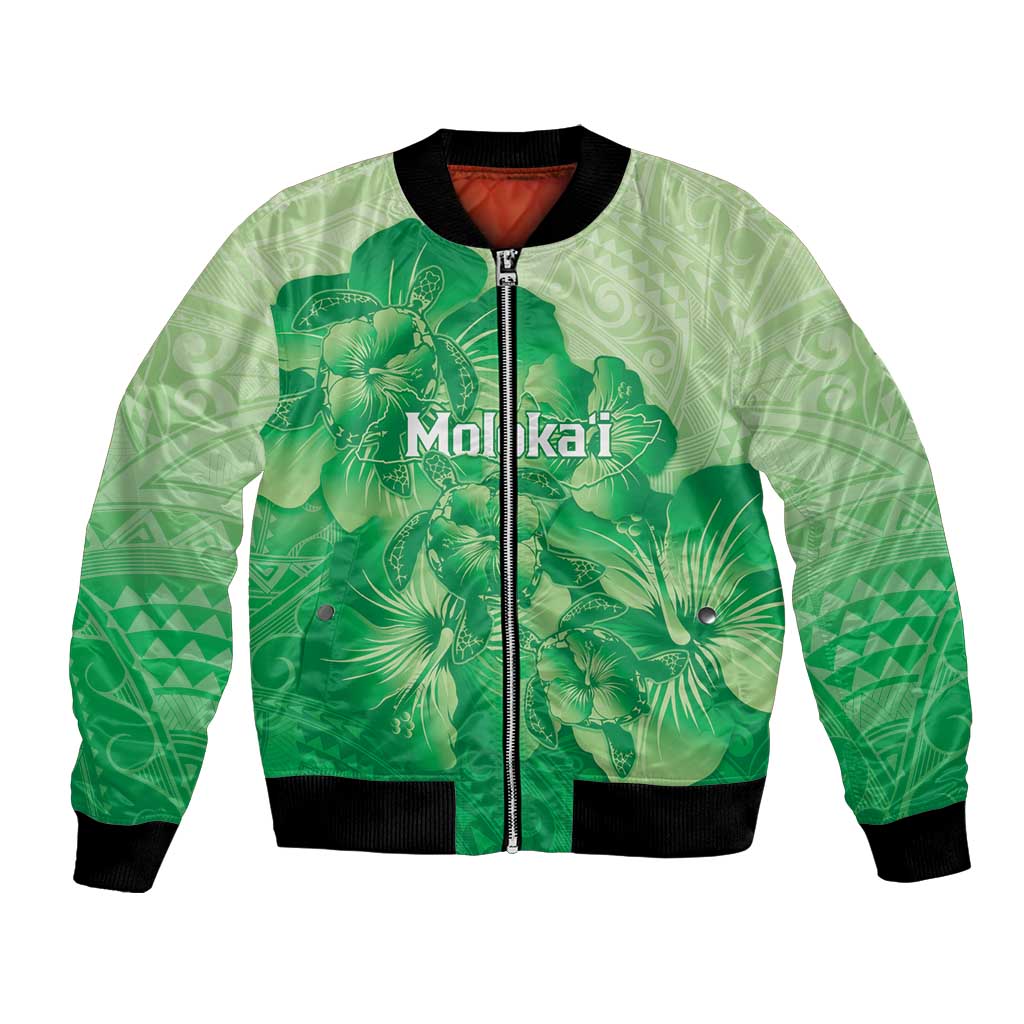 Aloha Hawaii Molokai Island Bomber Jacket Hibiscus Tribal Honu Hawaiian Tattoo Green