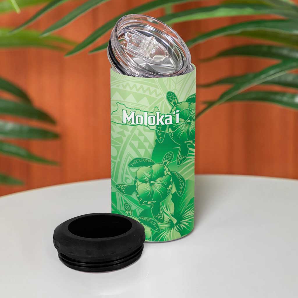 Aloha Hawaii Molokai Island 4 in 1 Can Cooler Tumbler Hibiscus Tribal Honu Hawaiian Tattoo Green