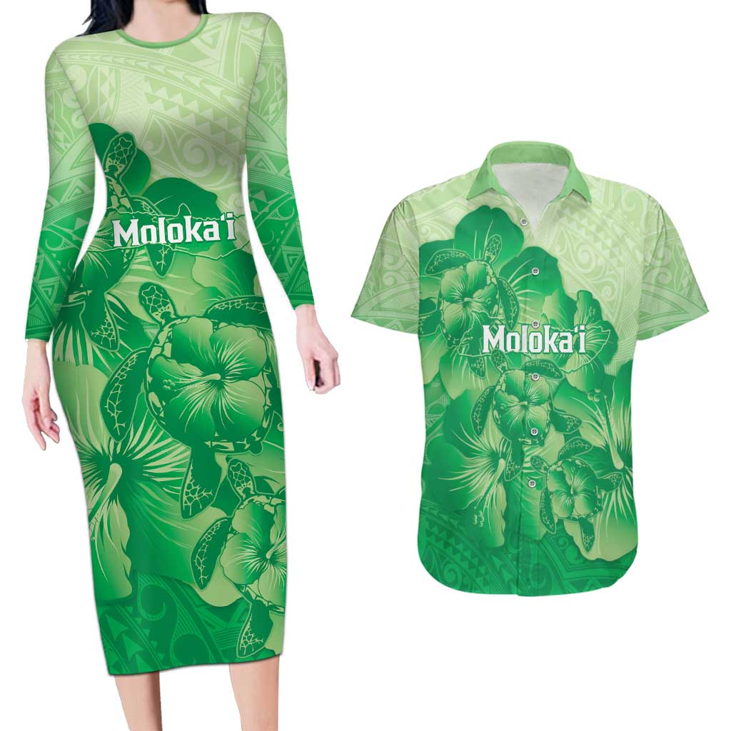 Aloha Hawaii Molokai Island Couples Matching Long Sleeve Bodycon Dress and Hawaiian Shirt Hibiscus Tribal Honu Hawaiian Tattoo Green