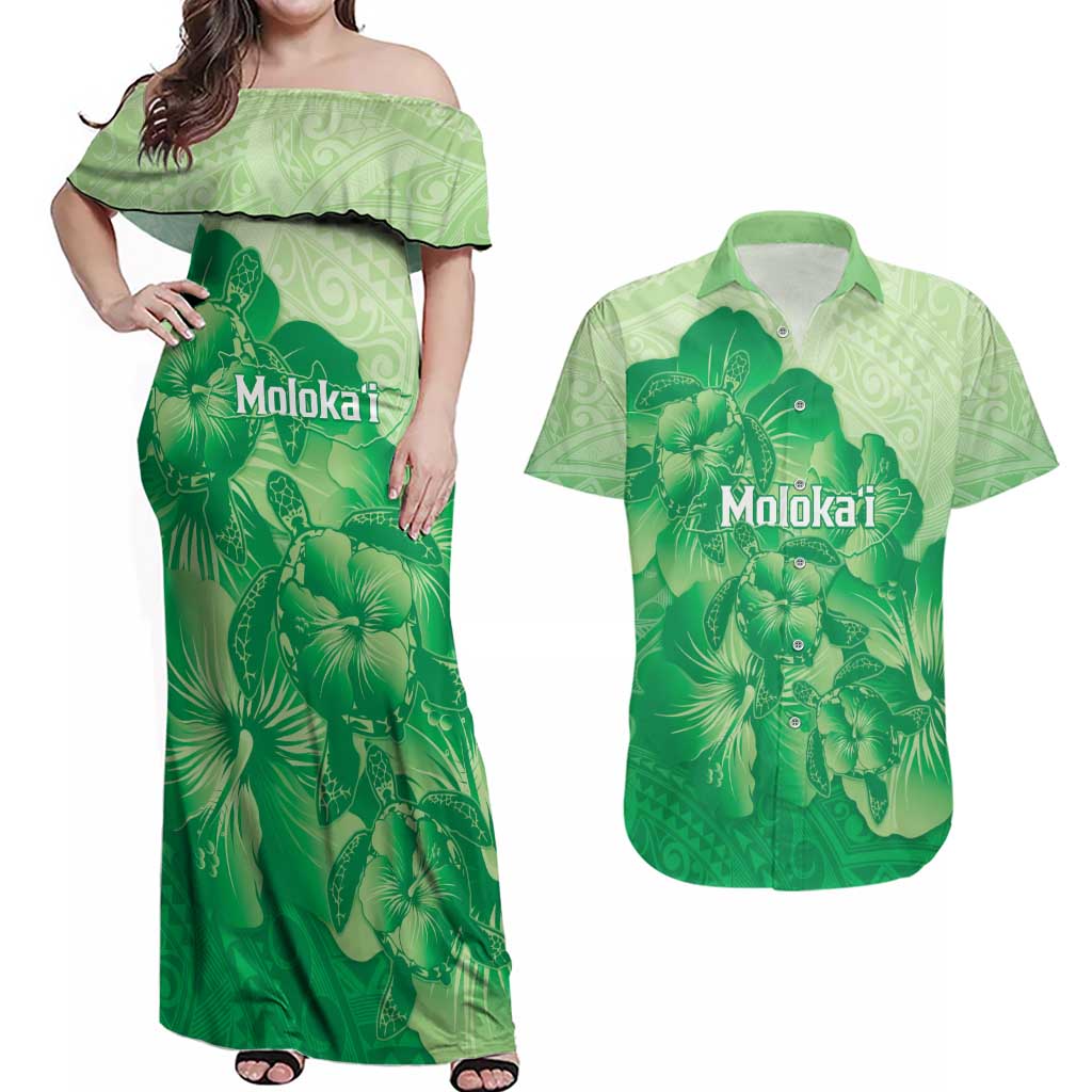 Aloha Hawaii Molokai Island Couples Matching Off Shoulder Maxi Dress and Hawaiian Shirt Hibiscus Tribal Honu Hawaiian Tattoo Green