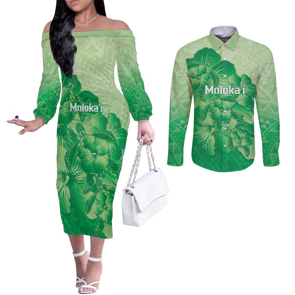 Aloha Hawaii Molokai Island Couples Matching Off The Shoulder Long Sleeve Dress and Long Sleeve Button Shirt Hibiscus Tribal Honu Hawaiian Tattoo Green