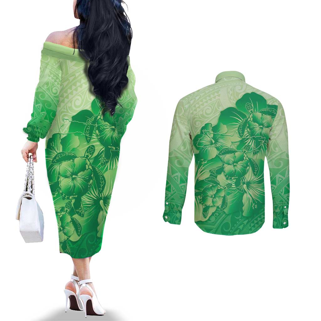 Aloha Hawaii Molokai Island Couples Matching Off The Shoulder Long Sleeve Dress and Long Sleeve Button Shirt Hibiscus Tribal Honu Hawaiian Tattoo Green