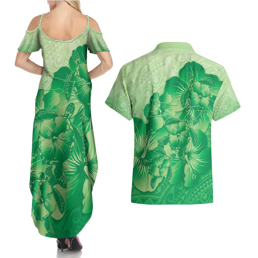 Aloha Hawaii Molokai Island Couples Matching Summer Maxi Dress and Hawaiian Shirt Hibiscus Tribal Honu Hawaiian Tattoo Green