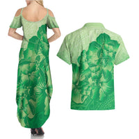Aloha Hawaii Molokai Island Couples Matching Summer Maxi Dress and Hawaiian Shirt Hibiscus Tribal Honu Hawaiian Tattoo Green