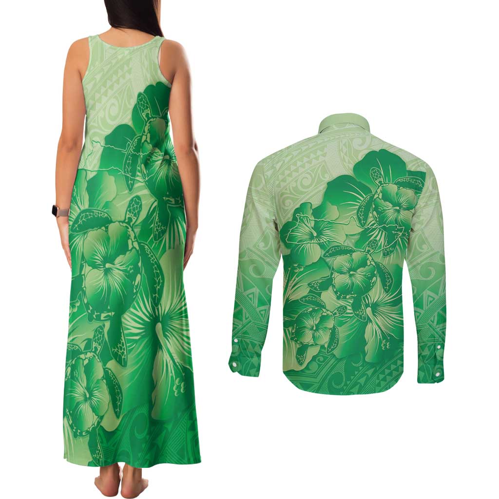 Aloha Hawaii Molokai Island Couples Matching Tank Maxi Dress and Long Sleeve Button Shirt Hibiscus Tribal Honu Hawaiian Tattoo Green