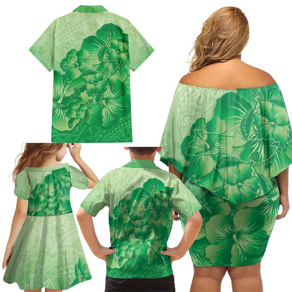 Aloha Hawaii Molokai Island Family Matching Off Shoulder Short Dress and Hawaiian Shirt Hibiscus Tribal Honu Hawaiian Tattoo Green