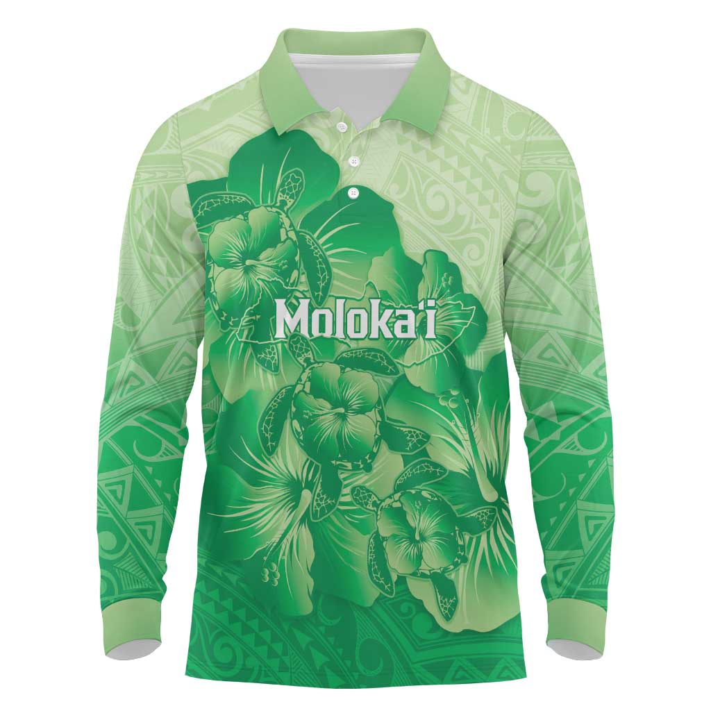 Aloha Hawaii Molokai Island Long Sleeve Polo Shirt Hibiscus Tribal Honu Hawaiian Tattoo Green