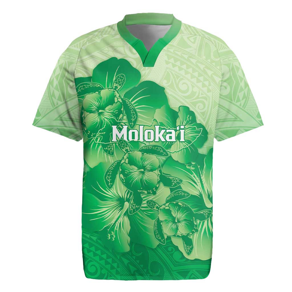 Aloha Hawaii Molokai Island Rugby Jersey Hibiscus Tribal Honu Hawaiian Tattoo Green