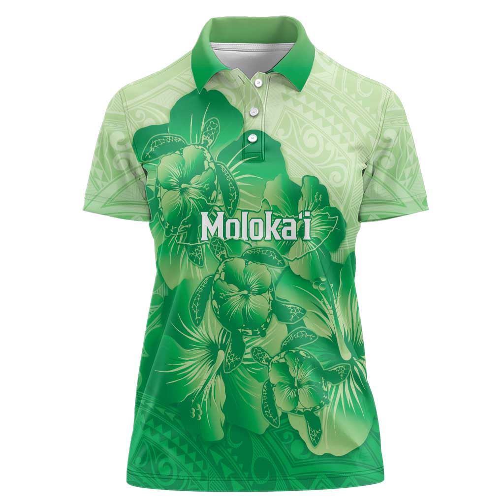 Aloha Hawaii Molokai Island Women Polo Shirt Hibiscus Tribal Honu Hawaiian Tattoo Green