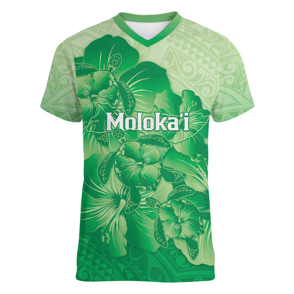 Aloha Hawaii Molokai Island Women V-Neck T-Shirt Hibiscus Tribal Honu Hawaiian Tattoo Green