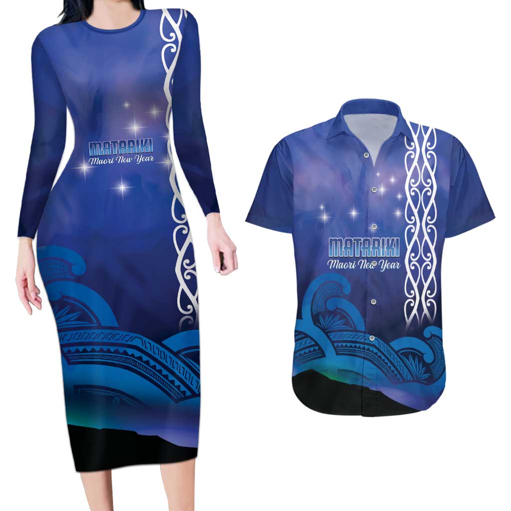 Personalised Matariki New Zealand Couples Matching Long Sleeve Bodycon Dress and Hawaiian Shirt Maori New Year Galaxy Koru Pattern