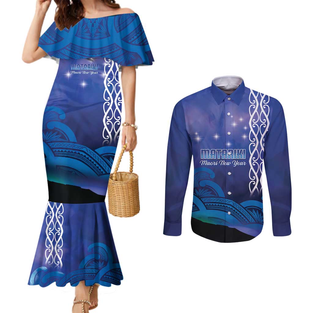 Personalised Matariki New Zealand Couples Matching Mermaid Dress and Long Sleeve Button Shirt Maori New Year Galaxy Koru Pattern