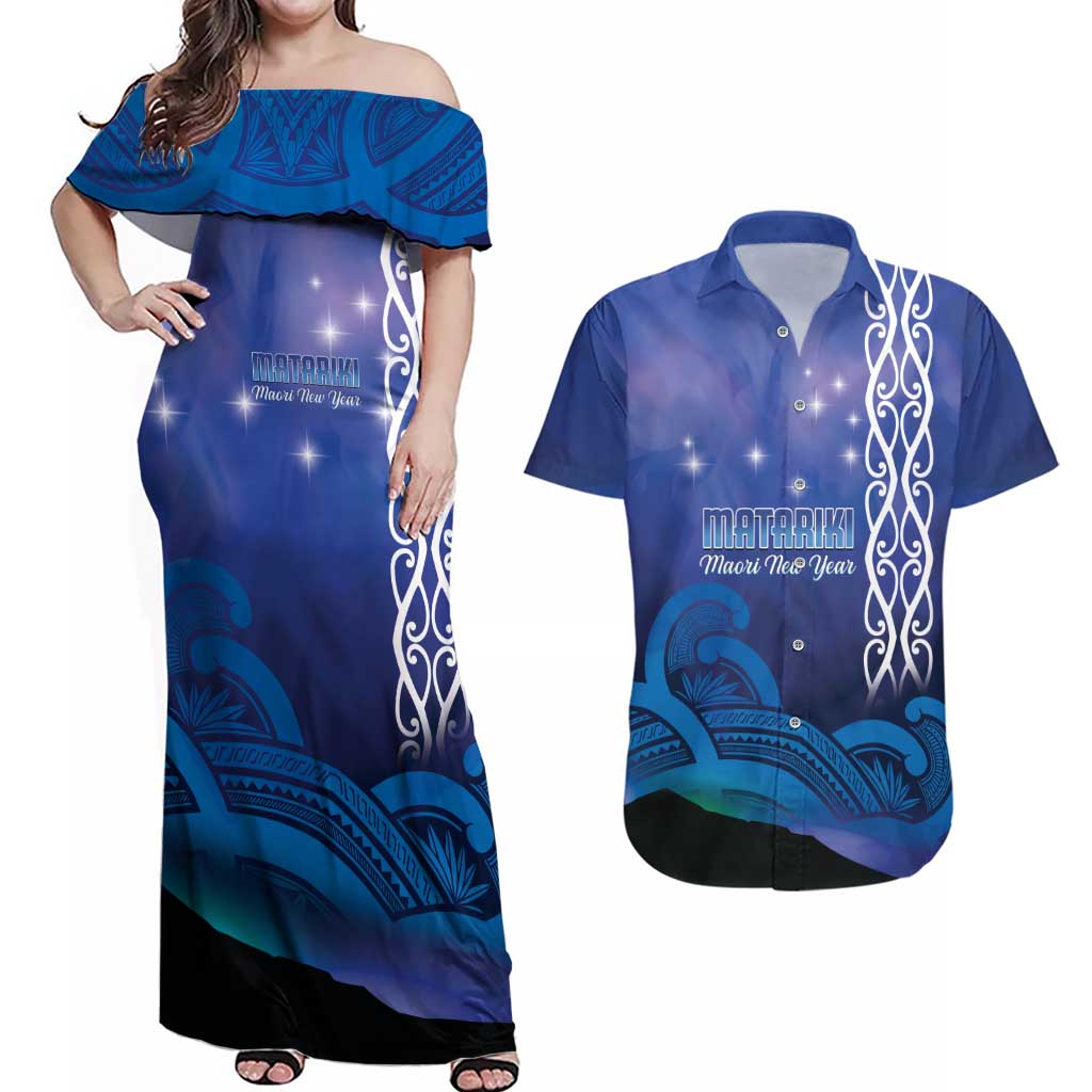 Personalised Matariki New Zealand Couples Matching Off Shoulder Maxi Dress and Hawaiian Shirt Maori New Year Galaxy Koru Pattern