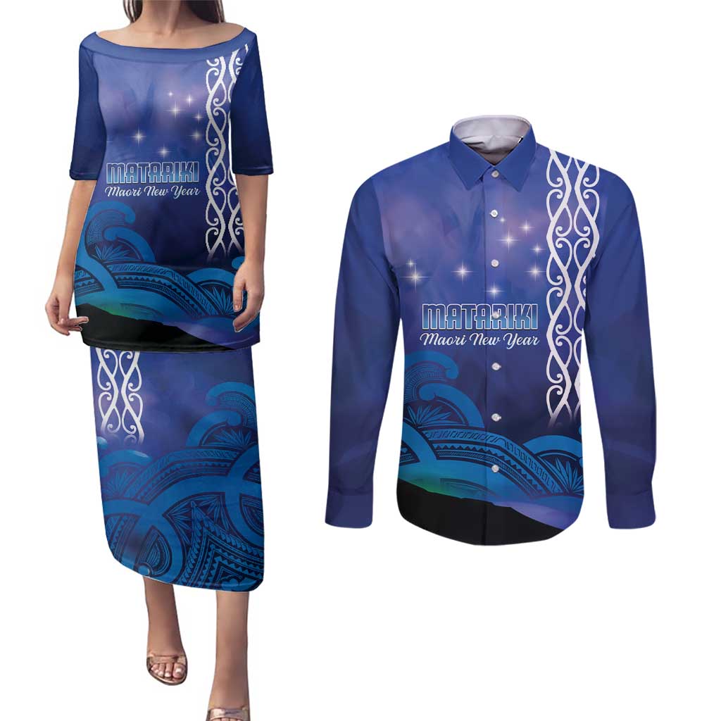 Personalised Matariki New Zealand Couples Matching Puletasi and Long Sleeve Button Shirt Maori New Year Galaxy Koru Pattern