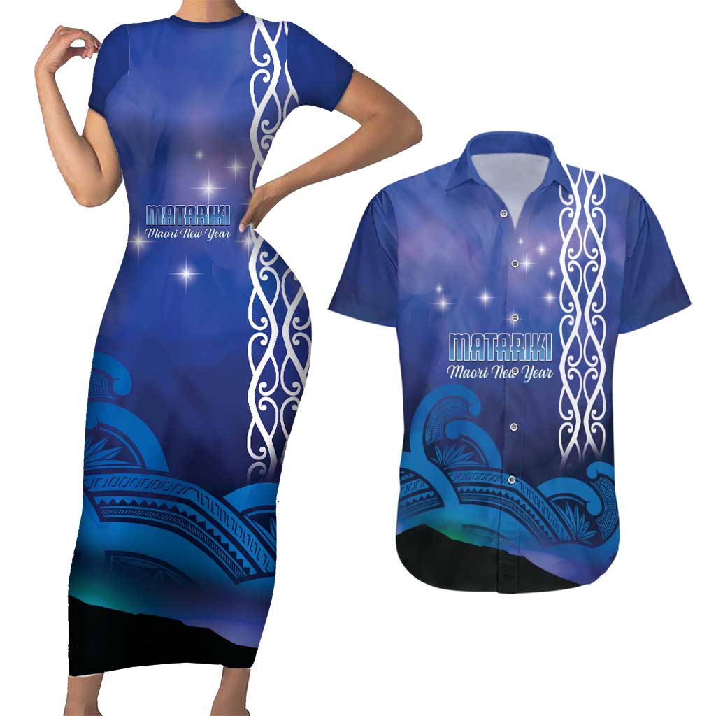 Personalised Matariki New Zealand Couples Matching Short Sleeve Bodycon Dress and Hawaiian Shirt Maori New Year Galaxy Koru Pattern