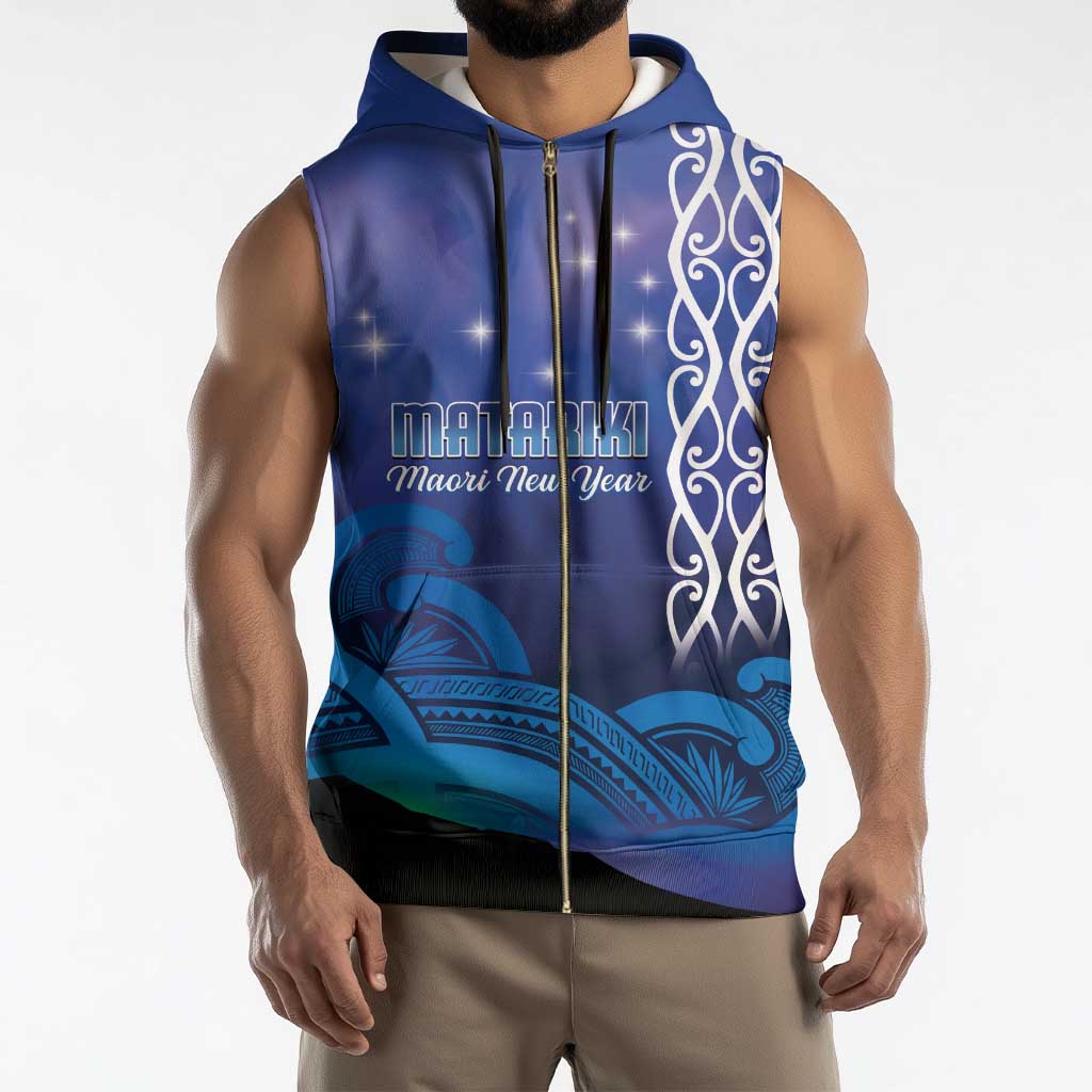 Personalised Matariki New Zealand Sleeveless Zip Hoodie Maori New Year Galaxy Koru Pattern - Polynesian Pride