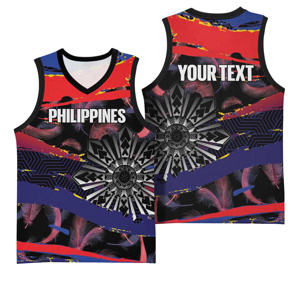 Philippines Sun Tattoo Basketball Jersey Feathers Filipinas Grunge Style Black LT14 - Polynesian Pride