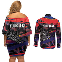Philippines Sun Tattoo Couples Matching Off Shoulder Short Dress and Long Sleeve Button Shirt Feathers Filipinas Grunge Style Black LT14 - Polynesian Pride