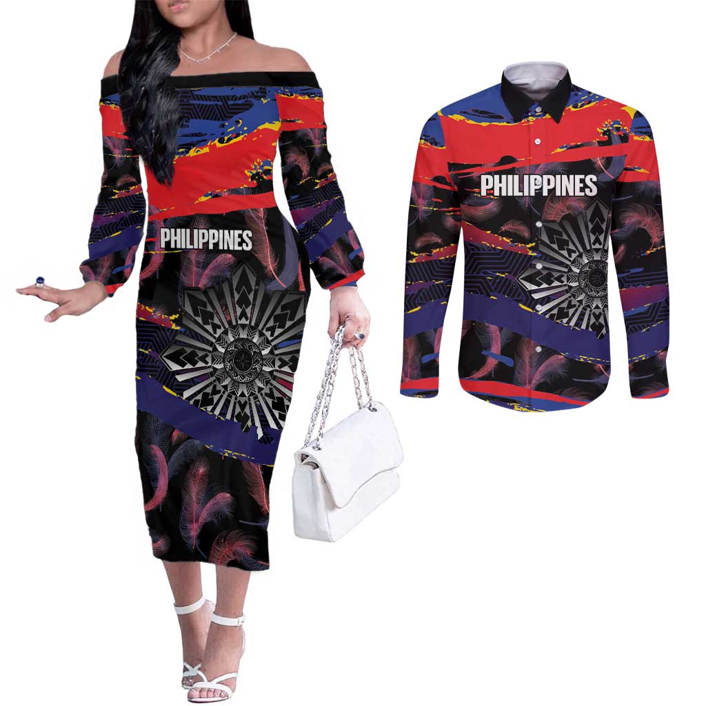 Philippines Sun Tattoo Couples Matching Off The Shoulder Long Sleeve Dress and Long Sleeve Button Shirt Feathers Filipinas Grunge Style Black LT14 Black - Polynesian Pride