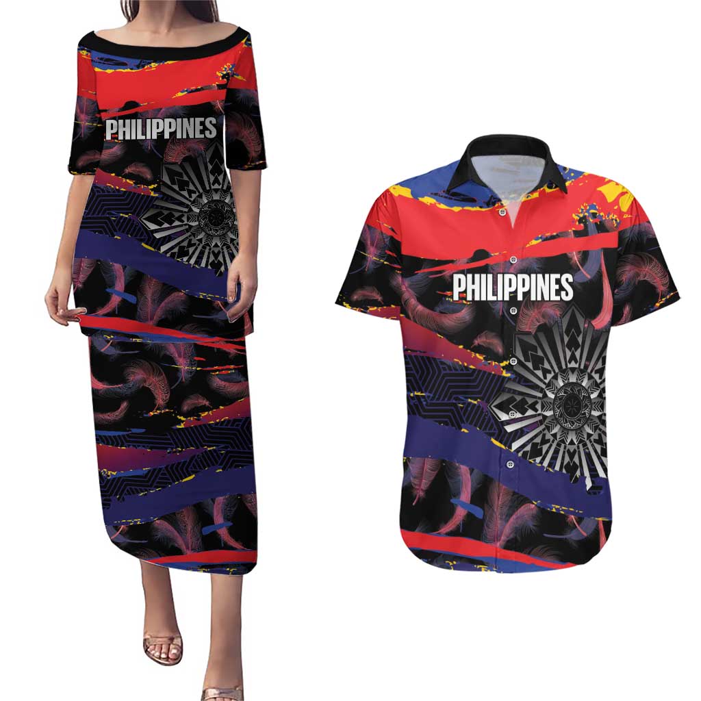 Philippines Sun Tattoo Couples Matching Puletasi and Hawaiian Shirt Feathers Filipinas Grunge Style Black LT14 Black - Polynesian Pride