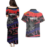 Philippines Sun Tattoo Couples Matching Puletasi and Hawaiian Shirt Feathers Filipinas Grunge Style Black