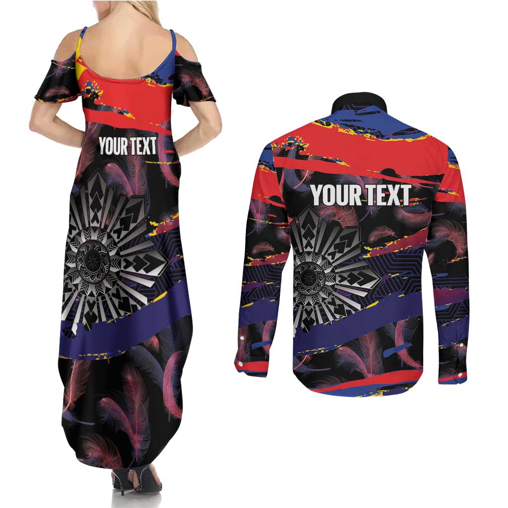 Philippines Sun Tattoo Couples Matching Summer Maxi Dress and Long Sleeve Button Shirt Feathers Filipinas Grunge Style Black LT14 - Polynesian Pride