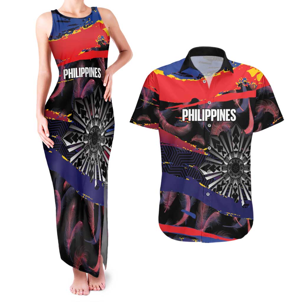 Philippines Sun Tattoo Couples Matching Tank Maxi Dress and Hawaiian Shirt Feathers Filipinas Grunge Style Black LT14 Black - Polynesian Pride
