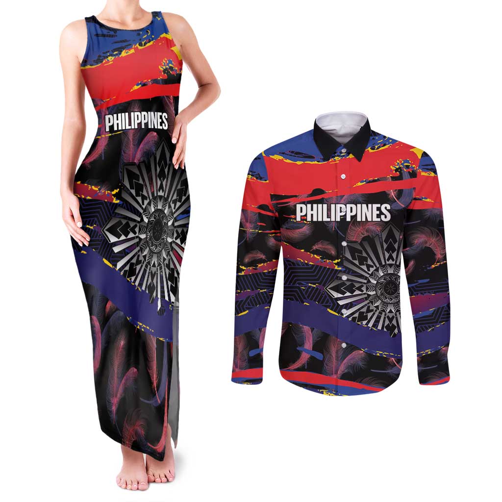 Philippines Sun Tattoo Couples Matching Tank Maxi Dress and Long Sleeve Button Shirt Feathers Filipinas Grunge Style Black LT14 Black - Polynesian Pride
