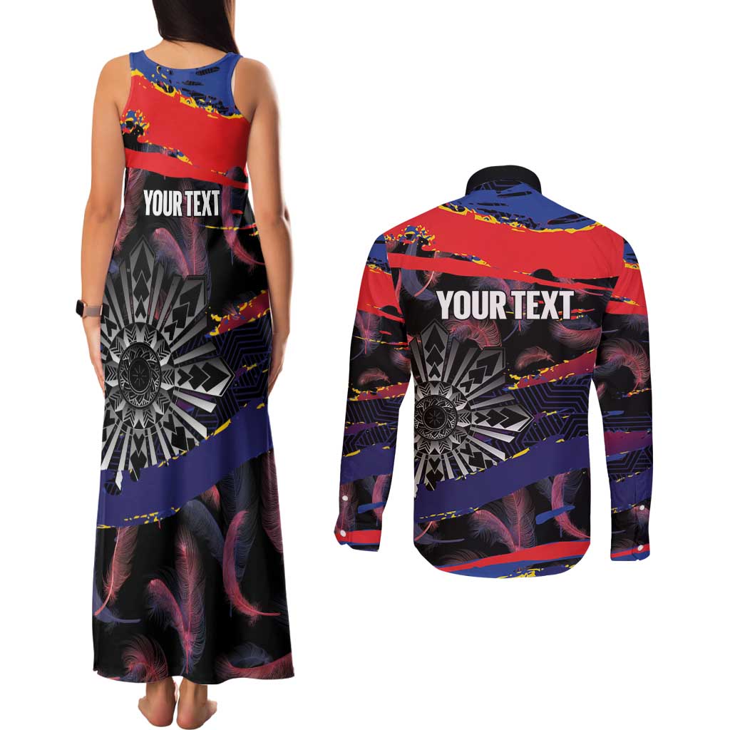 Philippines Sun Tattoo Couples Matching Tank Maxi Dress and Long Sleeve Button Shirt Feathers Filipinas Grunge Style Black LT14 - Polynesian Pride