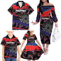Philippines Sun Tattoo Family Matching Off The Shoulder Long Sleeve Dress and Hawaiian Shirt Feathers Filipinas Grunge Style Black