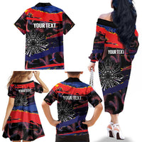 Philippines Sun Tattoo Family Matching Off The Shoulder Long Sleeve Dress and Hawaiian Shirt Feathers Filipinas Grunge Style Black
